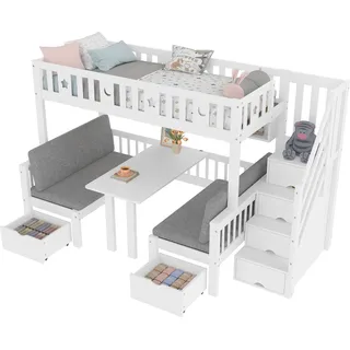 Etagenbett mit Sitzbänken und Tisch, 90x200cm/120x200cm, umbaubar zur zwei Schlafgelegenheiten, Kinderbett mit Rausfallschutz und Stauraum - Weiß