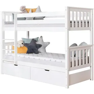TICAA Etagenbett Sammy 90 x 200 cm inkl. 2 Schubkästen Kiefer massiv weiß