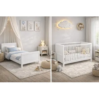 Nelly Babybett 120x60 cm – Kinderbett – Umbaubar zum Juniorbett – Buche Massivholz – 3 Schlupfsprossen – EN 716 – Weiß - Weiß