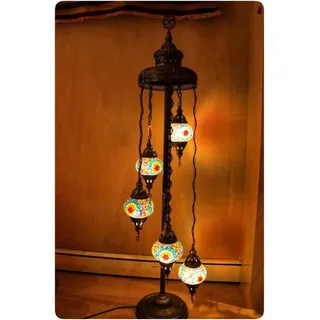 Turkse Stehlampe mit 5 Glasbällen – Handgefertigte orientalische Mosaiklampe in Türkis und bunten Farben - Türkis
