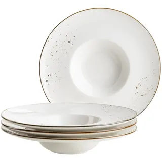 Mäser Serie Pintar, hochwertiges Gourmetteller-Set, 4-teilig mit Ø 26 cm, breiter Tellerrand, mit heller Glasur, visuellen braunen Sprenkeln und feinem Rand im Vintage Look, Porzellan