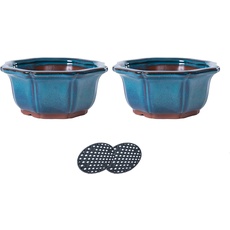 Jinfa Bonsai Schale Keramik Bonsai Töpfe mit Entwässerungslöchern | Türkis | 2 Töpfe + 2 Drainagegitter