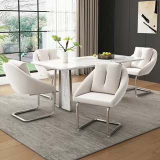 Flieks Esszimmerstühle 4er Set, Küchenstuhl Freischwinger mit Kissen, Schwingstuhl Polsterstuhl Wohnzimmerstuhl mit Samtbezug, Beige - Beige