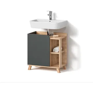 livinity Waschbeckenunterschrank Marano Anthrazit 60 x 65 cm mit Tür und offenen Fächern, Model 52953 - Grau