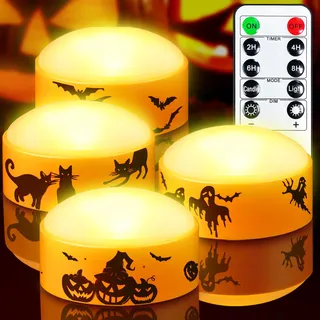 Yakpo 4 Stück orange Halloween LED Kürbis Lichter mit Fernbedienung, Timer | Batteriebetriebene flackernde orange elektrische Halloween Kerzen, flammenlose LED-Lichter für Innen Außen Kürbis Deko