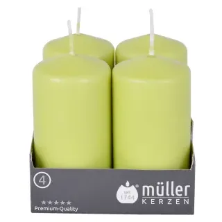 Müller Kerzen Stumpenkerze, maigrün, Hochwertige Stumpenkerze mit gleichmäßigem Abbrand, 1 Packung = 4 Stück, (Ø x H): 48 x 90 mm