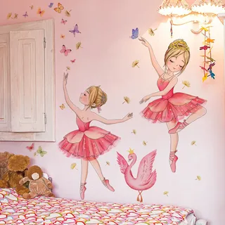 WandSticker4U®- Wandtattoo Kinderzimmer Mädchen BALLERINA rosa/rot (119x73 cm) I Wandsticker Ballerina Ballett Tänzerin Schwan Schmetterlinge I Wandaufkleber Kinderzimmer Deko Mädchen Babyzimmer groß