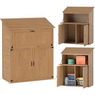 Outsunny Gartenschrank Holz, Geräteschuppen mit Stufen-Pultdach Ablage klappbar Tisch Doppeltüren für Garten, Terrasse, Naturholz