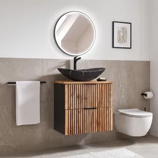 Gäste WC Waschplatz mit Waschtisch Unterschrank 60 cm, LED Spiegel Touch Funktion XANTEN-56 in anthrazit mit Eiche Nb. schwarz gerillt, B/H/T: 62/200/46,5 cm - Braun