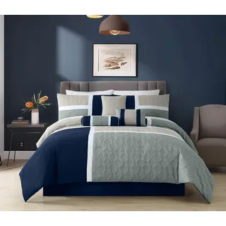 Chezmoi Collection Upland 7-teiliges Steppdecken-Set, Patchwork-Design, Marineblau/Blau/Grau, King Size