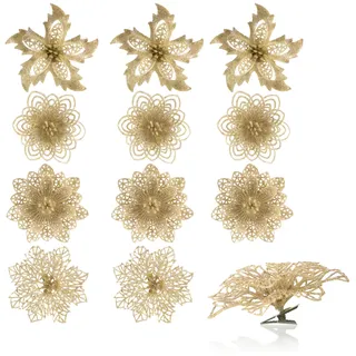 com-four® 12x Deko-Blume mit Clip - glitzernde Blüten zum Anklemmen - Blumenstecker als Raumdeko für Weihnachten und Valentinstag - [Auswahl variiert]