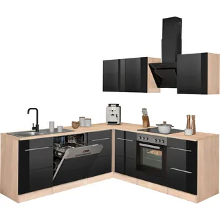 kochstation Winkelküche L-Form 220 cm schwarz hochglanz