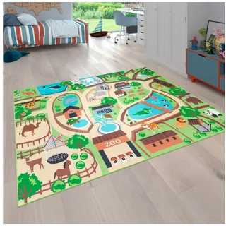 Paco Home Kinderteppich »Bino 563« rechteckig 4 mm Höhe Kurzflor, Straßen-Spiel-Teppich, Motiv Zoo, Kinderzimmer, beige