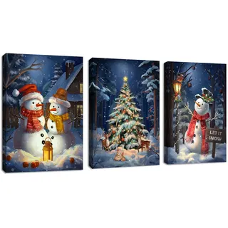 3Pcs Leinwandbilder Bilder mit Rahmen Blau Weihnachten Schnee Schauplatz bild auf leinwand Schneemann Nachtlandschaft Wandkunst Wandbilder Deko für Wohnzimmer Schlafzimmer fertig zum Aufhängen 40x60x3