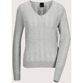 Longpullover MADELEINE "Kaschmirpullover Luxuriöser Strickpullover mit Ajour-Muster", Damen, Gr. 44/46, grau (silbergrau, wollweiß, melange), Obermaterial: 100% Kaschmir WS., Modern, V-Ausschnitt, Pullover Longpullover, Allover Ajourmuster