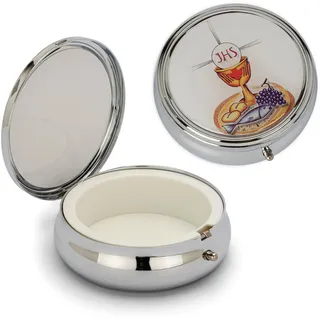 NKlaus Hostien-Dose, Metalletui mit Kelch-Motiv, Silber, 6 x 2 cm | Die Hostien-Dose besteht aus Metall; rund
