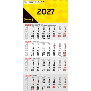 Idena 4 Monatskalender 2027 in der Größe 30 x 60 cm | Wandkalender mit Schieber, 4-sprachiger Bürokalender mit Wochenzählung, 11909