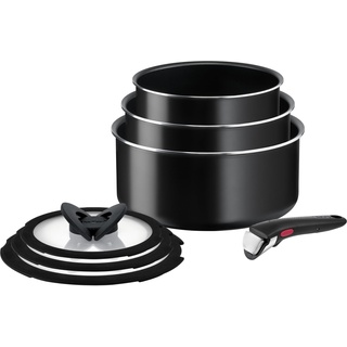 Tefal Ingenio Easy ON Try-Me Pfannenset, 7-teilig, stapelbar, abnehmbarer Griff, platzsparend, antihaftbeschichtet, schwarz, L1599602