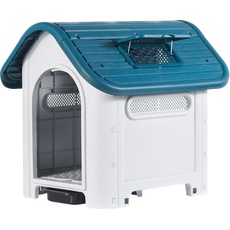 Lanco – Hundehütte für kleine Hunde mit verstellbarem Schiebedach und Toilette. Innen- und Außenbereich mit Lüftungsschlitzen. Widerstandsfähiges Material. 75 x 59 x 66 cm. Blau und Weiß.