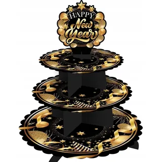 FIESTAS GUIRCA | 3-stöckiger Happy New Year Gebäckständer (40x30 cm) - Tischdekoration für Silvester und Feiern - Ideal für Weihnachten und Neujahr - Schwarz Gold