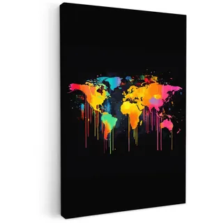 MuchoWow Leinwandbild Weltkarte - Farbe - Bunt - Graffiti - Welt 80x120 cm , Multicolor , Textil , Kiefer , Rechteckig , 80x120 cm , FSC 100% , gerahmt , Bilder & Rahmen, Bilder, Leinwandbilder