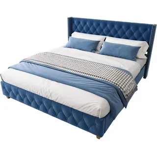 Flieks Polsterbett 160x200 Lattenrost Kopfteil Knopf Nieten Samt Blau , Textil , 160x200 cm , Schlafzimmer, Betten, Polsterbetten