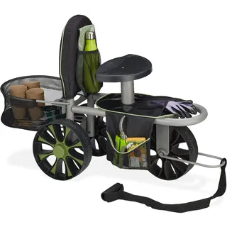 Relaxdays Gartensitz, höhenverstellbar, 80 kg, fahrbarer Gartenhocker mit Griff, Stauraum für Utensilien, schwarz/grün