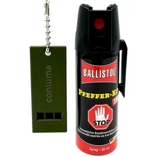 Pfefferspray mit Panikverschluss 50ml – KO-Spray & Tierabwehrspray zur Selbstverteidigung mit 4m Reichweite – Sicherheits-Set inklusive lauter Signalpfeife (1)