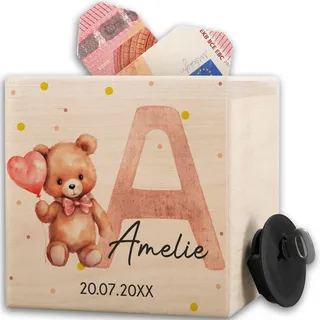 Shirtracer Spardose Holz personalisiert Initiale Name Datum | Holz, 10x10cm, Geburt, Baby, Babyparty, Neugeborenes, Nachwuchs, Kinder, Wunscherfüller, Taschengeld, Geldgeschenk, Geschenk