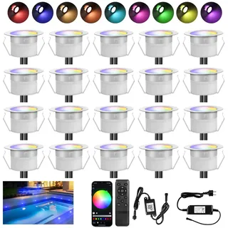 20er Terrasse Bodeneinbauleuchten außen RGBWW(RGB + Warmweiß)-WiFi Ø31mm led Einbaustrahler Aussen 12v mini led spot Terrassenbeleuchtung IP67 Wasserdicht Kompatibel mit Alexa Google Home