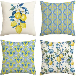 Artoid Mode Zitrone Blumen Floral Sommer Kissenbezüge 4er Set, 45x45 cm Saisonnal Zierkissenbezug Cushion Cover Couch Wohnzimmer Deko