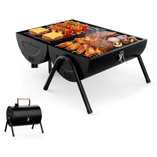 KOBEDAN Camping Grill Tischgrill Holzkohle und vielseitiger Holzkohlegrill mit 2in1 Funktion als Grill und Ofen inklusive Temperaturkontrolle und kaltem Holzgriff für Camping, Outdoor und Garten - Schwarz