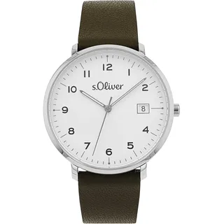 s.Oliver Quarzuhr Armbanduhr, Damenuhr, Herrenuhr, Lederarmband, Datum, grün