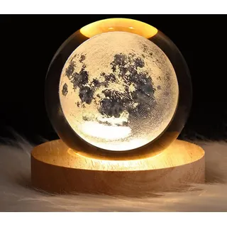DRYFAL 3D MondKristallkugel Nachtlicht für Kinder, Glaskugel, Nachtlampe mit Holzsockel, Fantasie-Dekoration, Crsytal-Kugel, Elch, LED, Galaxie, Planet, Nachtlicht, Geschenk, Schlafzimmerdekoration