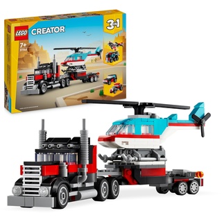 LEGO Creator 3in1 Tieflader mit Hubschrauber, Fahrzeuge-Set mit Helikopter- und LKW-Spielzeug, Flugzeug und Tanklaster, Hot Rod und SUV, Geschenk für 7-jährige Jungs und Mädchen 31146