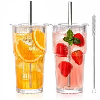 2 Stück 600ml Gerippte Trinkbecher mit Deckel und Strohhalm, Matcha Gläser, Smoothie Becher, Kaffeegläser, Große Glasbecher, Teegläser Set, Coffee To Go Becher, für Latte, Eiskaffee, Macchiato (2)