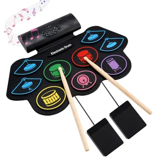 Topteng 9-Pad Schlagzeug Elektronisch, Handroll E-Drum Set mit Stereo-Lautsprechern & Fußpedalen, Tragbares Silikon Drum Pad Kit mit Kopfhöreranschluss, Musikinstrument Geschenk für Kinder & Anfänger