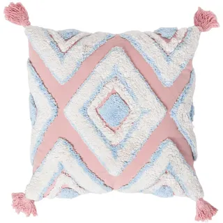 Homescapes Dekokissen Tufted blau-rosa 45/45 cm Boho-Style mit Quasten , Textil , Ethno , Füllung: Polyester , Quadratisch , 45x45 cm , Oeko-Tex® , Heimtextilien, Wohntextilien, Kissen, Zierkissen