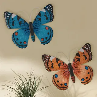 2x Wanddeko "Schmetterling" aus Metall in blau & orange, 34x27 cm groß, Wandbild, Metallbild, Wandschmuck