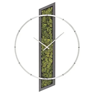 AMS 9605 Wanduhr Quarz analog Holz anthrazit Moos-Optik mit Aluminium-Ring - Grau, Silber