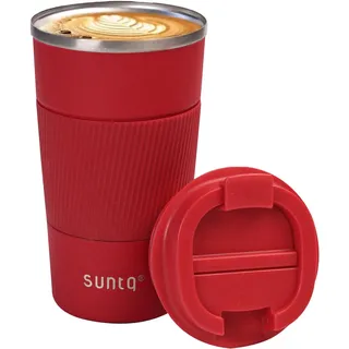 SUNTQ Kaffeebecher to go Thermo aus Edelstahl - Thermobecher mit Gummierte Manschette Doppelwand Isoliert - Kaffeetasse mit Auslaufsicherem Deckel Wiederverwendbar 510ml Weinrot