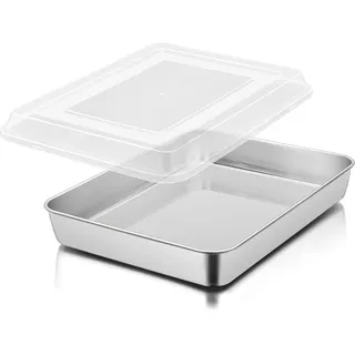 Kuchenform, Herogo Tief Backblech mit Deckel (26,5x20,6x5 cm) Edelstahl Rechteck Kuchenblech Ofenblech Fettpfanne zum Backen Kochen, Ideal für Kuchen Brownie Lasagna, Spiegelfinish & Spülmaschinenfest