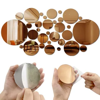 SHUIYUE DIY Wandaufkleber, 8 Größen Acryl Spiegel Aufkleber Set, 32 Stück Kreisspiegel Wandsticker, Gold Runde Acryl Spiegel Wandaufkleber für Wohnzimmer, Schlafzimmer, Dekoration (Champagner-Gold)