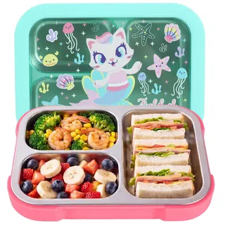 PinkSheep Edelstahl Brotdose Kinder mit 3 Fächern und Dichtring 950ml Lunchbox Personalisiert, BPA-freie, Auslaufsicher, Bento Box für Picknick Schulschüler Mittagessen Snack (Wels)