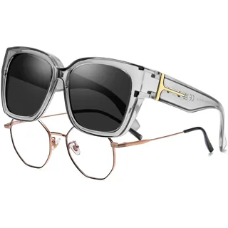 KANASTAL Übergröße Überzieh Sonnenbrille Herren und Damen Polarisiert Überbrille Sonnenbrille für Brillenträger UV400 Sonnenschutz, Grau Transparent Rahmen Schwarz Gläser