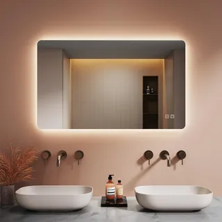 LOMIKEN Badezimmerspiegel mit Beleuchtung, 100 x 60 x 3.5cm, Spiegel mit Beleuchtung, Dimmbar, 3 Farben, Anti-Beschlag-Funktion, vertikal/horizontal, wandmontierter LED-Badezimmerspiegel