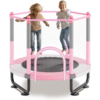 Vevor Kindertrampolin Outdoor-Trampolin Mini Freizeittrampolin 1545 mm für Kleinkinder mit Sicherheitsnetz & Basketballkorb, Geburtstagsgeschenk Weihnachtsspielzeug für Kinder ab 3 Jahren Rosa