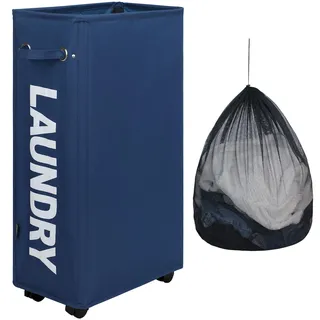 DOKEHOM 29-Inches Enlarged Slim Wäschekorb mit Abnehmbarem Waschbeutel auf Rollen, Zusammenklappbarer Rollender Wäschekorb, Faltbare schmale Eckaufbewahrung (Dunkelblau)