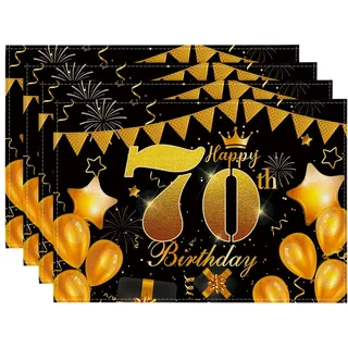 Artoid Mode 70 Geburtstag Schwarz Gold Happy 70th Birthday Platzsets 4er Set, 30x45cm Tischsets Waschbar Platzdeckchen Küche Feier Party Deko