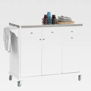 Kücheninsel auf Rollen Servierwagen mit Rollen Küchenwagen mit Edelstahl-Arbeitsplatte Rollwagen mit Schubladen Barwagen für Küche, Esszimmer, Frühstücksbar Weiß 133 x 95 x 48,5 cm FKW33-W - Weiß